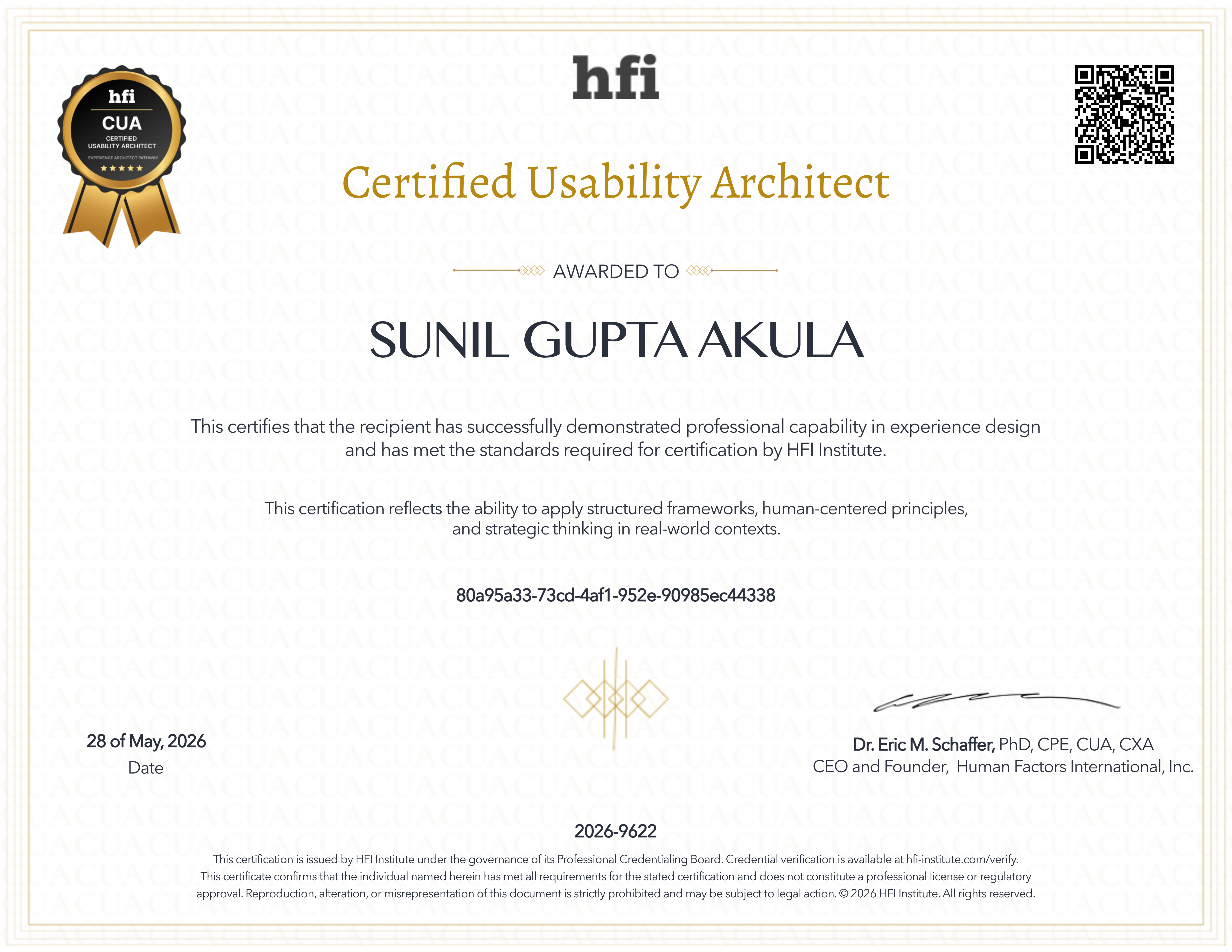 Certified Usability Architect certificate - Sunil Gupta Akula